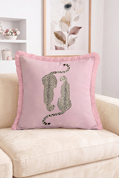 Realhomes Leopard Patterned Two Cat Figures Fringed Throw Pillow Cover Modern...