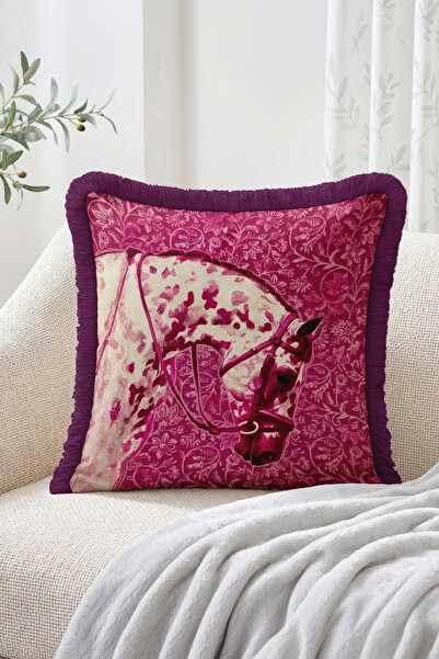 Realhomes Horse Head Figured Floral Motif Fringed Throw Pillow Cover - Vintag...