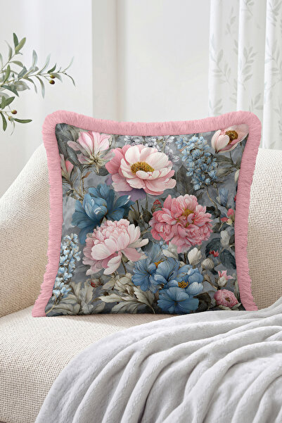 Realhomes Fringed Throw Pillow Cover with Large Floral Motifs and Botanical P...