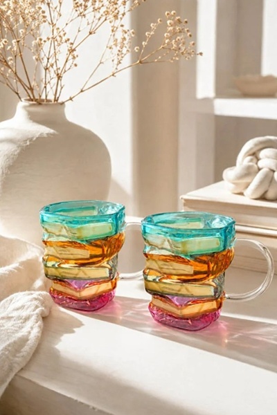 Kitchen Beauty 2'li El Yapımı Sanatsal 3D Kitap Şeklinde Cam Kupa Renkli Tasa...