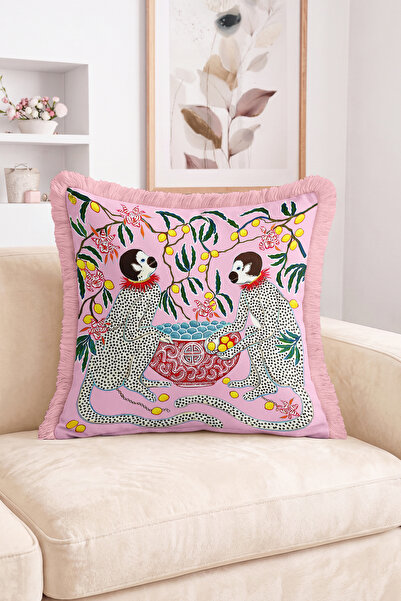Realhomes Monkey Figured Lemon and Flower Branches Patterned Fringed Throw Pi...