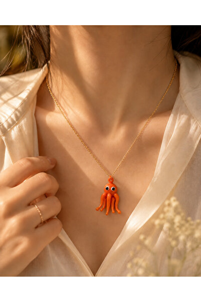 PULİNİN DÜKKANI Handmade Glass Octopus Necklace – Women's Necklace with Orang...