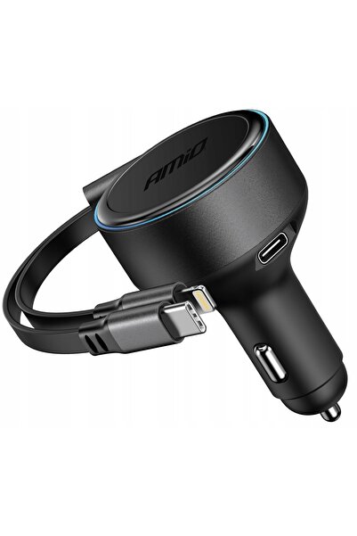 AMIO ÎNCĂRCĂTOR AUTO CU CABLU PLIABIL TYPE-C+LIGHTNING 70CM+USB-C 12V 24V