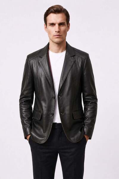 Deriderim Adrian Black Lined Buttoned Men's Genuine Leather Classic Jacket