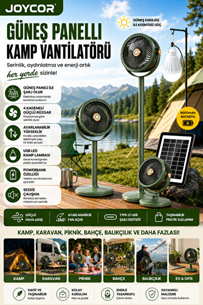 JOYCOR Güneş Panelli Kamp Vantilatörü Ayarlanabilir Yükseklikli Şarjlı Fan LE...