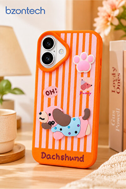 bzontech iPhone 17 Compatible 3D Dog Figure Striped Silicone Phone Case Dachshund