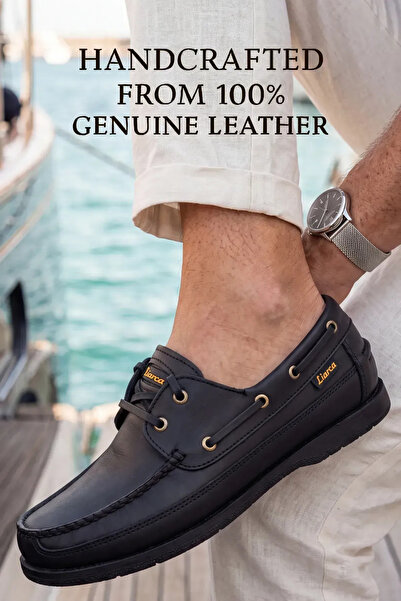 Liarca Blue Boy Marina – Black Genuine Leather Luxury Men's Boat Shoes, Mocca...