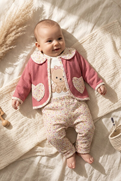 DYZSTAR Bloom Pink Floral Patterned 3-Piece Baby Girl Set - Cotton Heart Pock...
