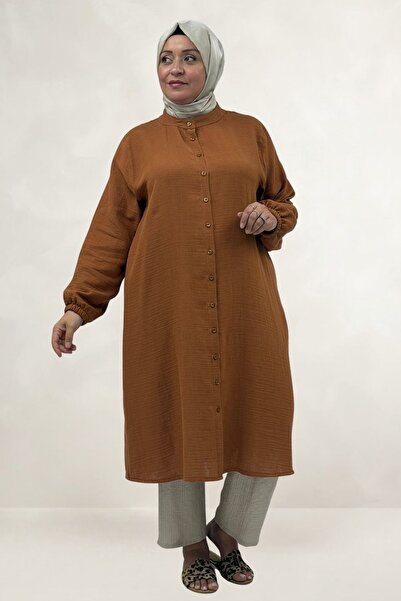Eslina 68070 Plus Size High-Neck Buttoned Muslin Tunic - Cinnamon