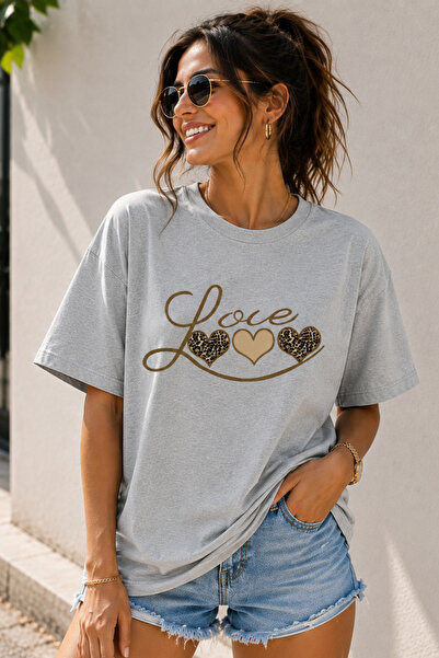 ArtYus Love Text Printed Crew Neck Casual Unisex Oversize T-Shirt - Heart The...