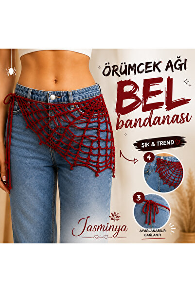 Jasminya El Yapımı Kırmızı Örümcek Ağı Üçgen Bandana & Bel Kemeri Akseauarı K...