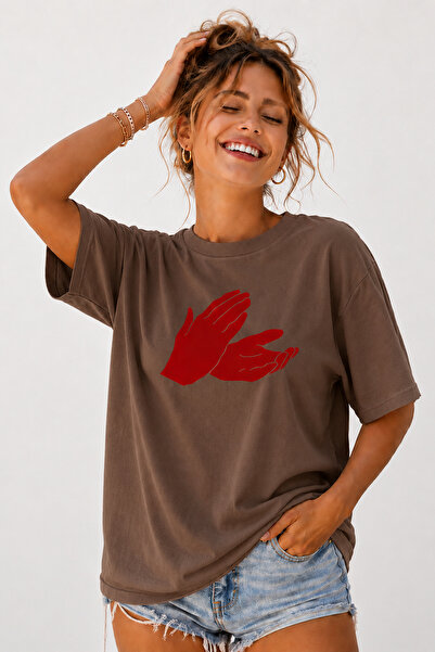 ArtYus Clap Hands Printed Unisex Oversize Beige T-Shirt – Cotton Crew Neck St...