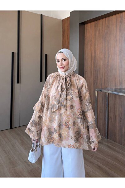 manana fashion Flounced Sleeves Chiffon Scarf Lined Summer Blouse