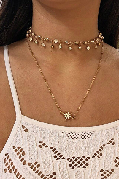 VeeShop Colier multilayer dublu, lantisoare cu cristale in suport metalic si ...