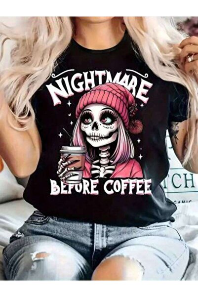 NOURAM []Plus Size Women's Casual Graphic T-Shirt - "Nightmare Before Coffee"...
