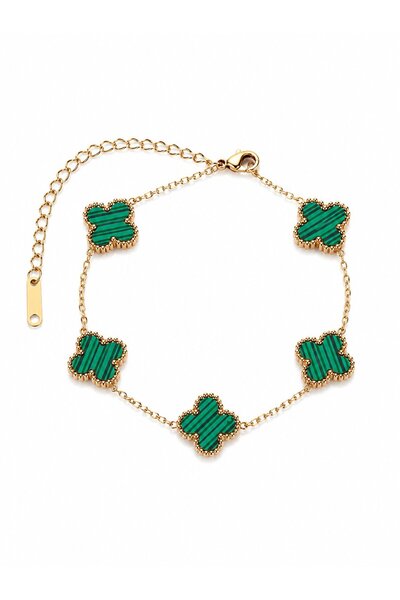 serelya 316L Steel Gold Color Striped Green Enamel Clover Bracelet