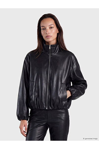 LC Waikiki Mock Neck Oversize Women's Faux Leather Coat