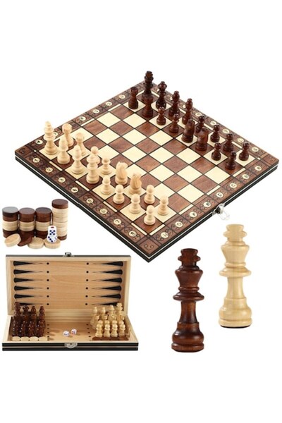 OEM Set de jocuri 3 în 1, Rqiurpn, tablă de șah din lemn, 39x39cm, portabil, ...