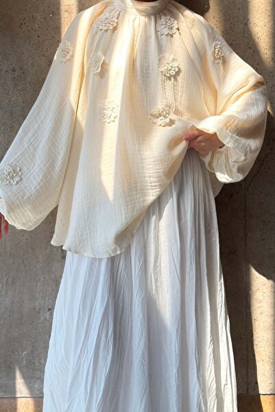 Faya Boutique Cream Floral Talise Balloon Sleeve Muslin Tunic