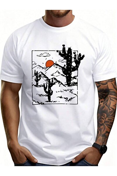 45 BPM Men's% Cotton Retro Desert-Shirt Cactus & Sunset Graphic Short Sleeve ...