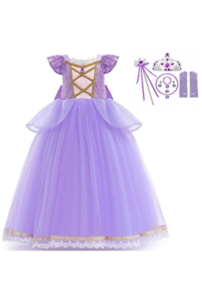 OEM Costum de carnaval Rapunzel pentru fete, cu fundă și accesorii, 5-6 ani, ...