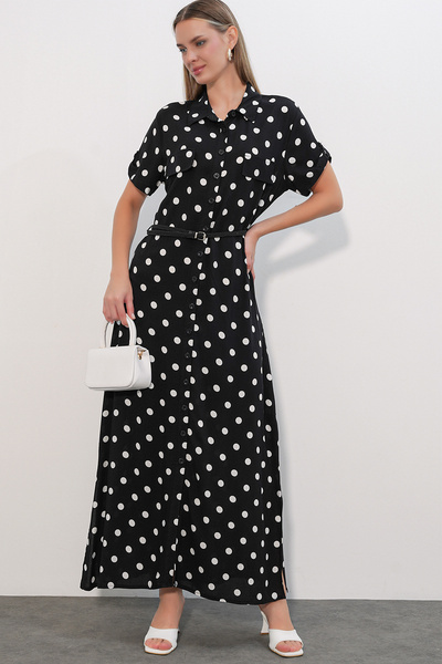 Bigdart 1661 Women's Polka Dot Long Belted Dress - B. Black