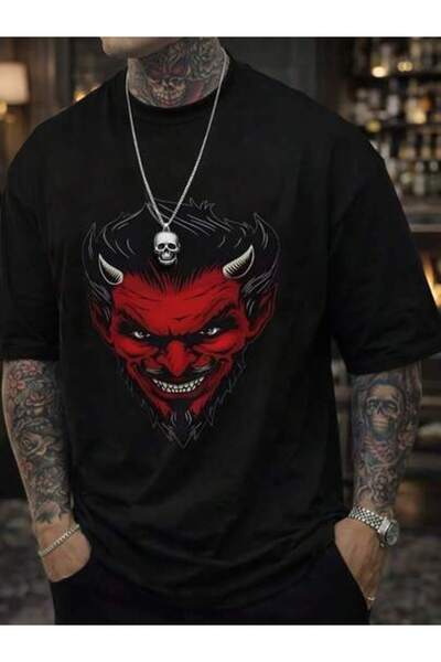 45 BPM Men'S 'A Red Devil With Horns.' Pattern Print Crew Neck,Men Vacation O...