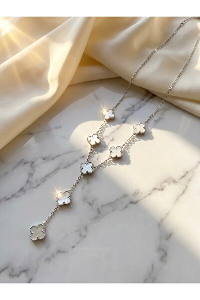 Meneva Aksesuar White Enameled 7-Leaf Clover Silver Color Chain Steel Necklace