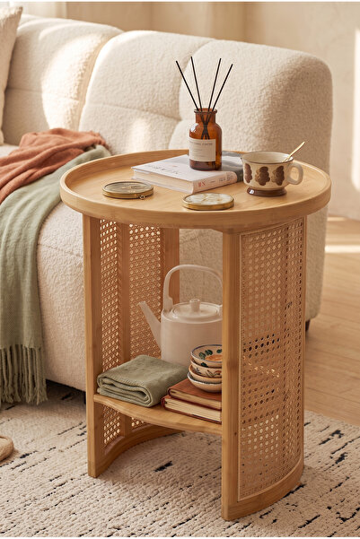 Robin Home Doğal Bambu Rattan Yan Sehpa Tepsili Yuvarlak Dekoratif Sehpa