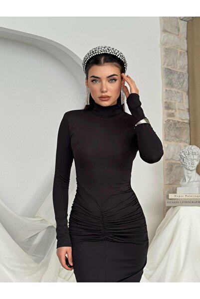Moda Days Γυναικείο μαύρο φόρεμα με ψηλό γιακά, μακρυμάνικο, με κορδόνι και σ...