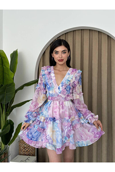 Clothes Fast فستان نسائي قصير باللون الأزرق وياقة على شكل حرف V وطبعة زهور وك...