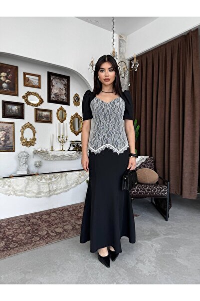Clothes Fast فستان نسائي أسود متوسط الطول بياقة على شكل قلب وتفاصيل دانتيل وأ...