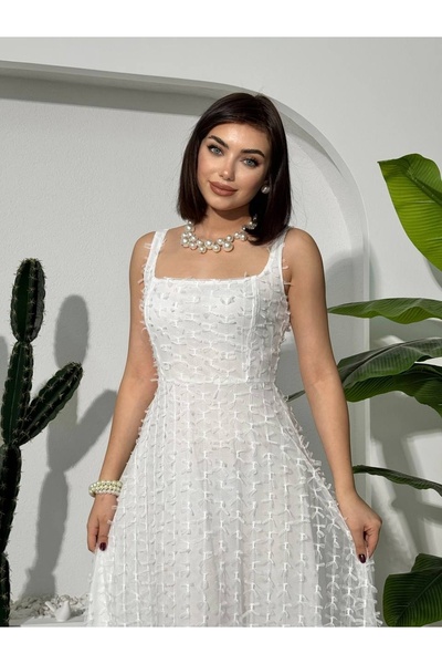 Moda Days Rochie midi ecru pentru femei, din tul, cu guler pătrat brodat, cu ...