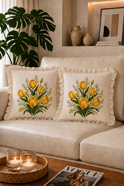 ACELEYOLLA 2-Piece Ruffled Etamine-Looking Tulip Patterned Throw Pillow Cover...