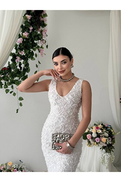 Moda Days Γυναικείο λευκό μίντι φόρεμα με λαιμόκοψη V, αμάνικο, με τρισδιάστα...