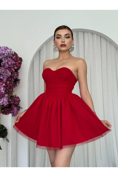 Moda Days Women's Red Mini Dress Strapless Sweetheart Neckline Gathered Tulle...