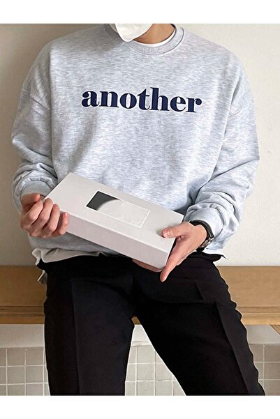 JENOLAN Men's Another Printed Gray Crew Neck Oversize Sweatshirt