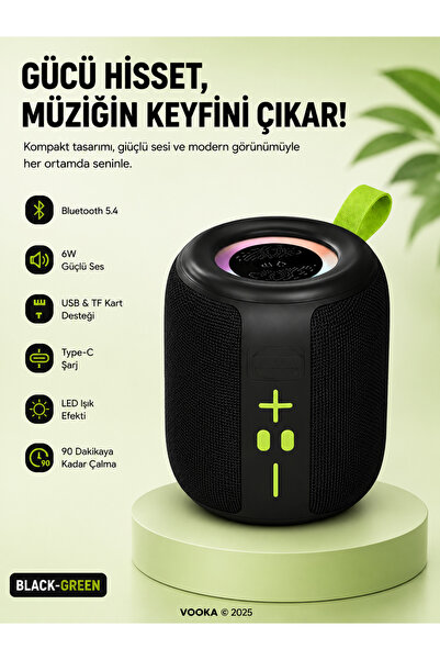 VOOKA aşınabilir Bluetooth Hoparlör 6W Güçlü Ses, RGB LED Işık, 1500 mAh Bata...