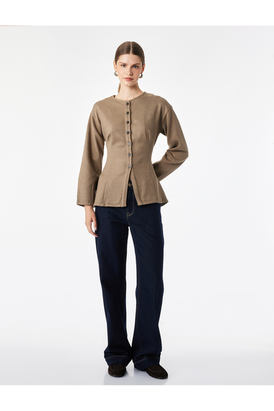 Koton Slim Fit Uzun Kollu Bisiklet Yaka Düğmeli Peplum Ceket