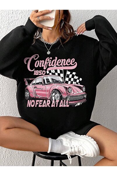 JENOLAN Women's 1850 Printed Crew Neck Unisex Black Oversize Sweatshirt