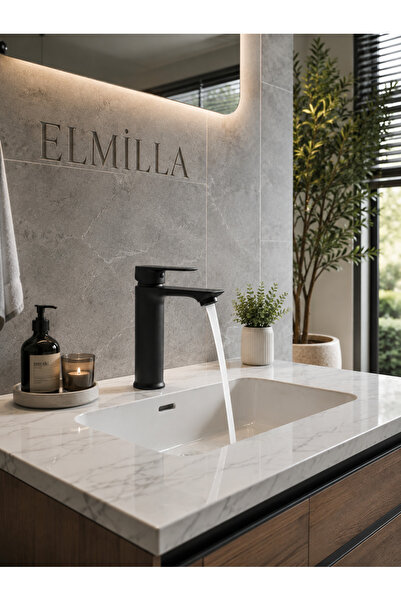 elmilla Siyah Lüx Sabit Lavabo Bataryası Şık Tasarım Premium Gövde Çift Su Gi...