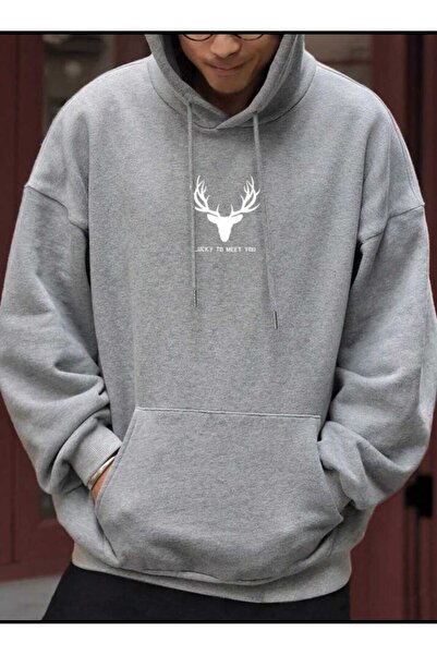 JENOLAN Meet You Printed Men's Hooded Kangaroo Pocket Unisex Oversize Sweatshirt
