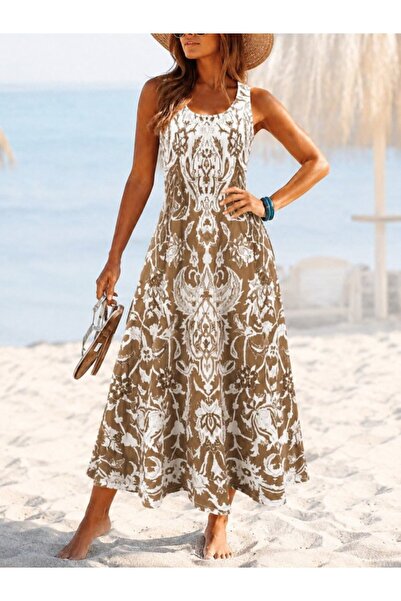Generic Brand Women's Strappy Round Neck Patterned Long Single Jersey Dress