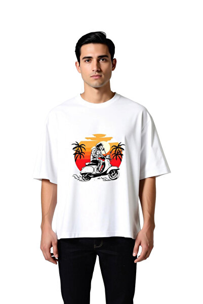 PayBuy Men's Oversize T-Shirt Retro Scooter Print Sunset Motif Vintage Style ...