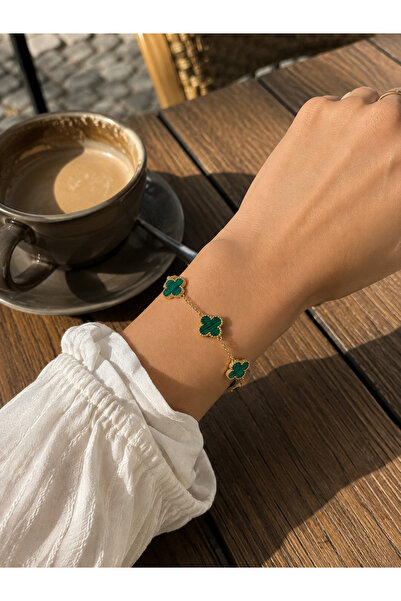 ATALYA ACCESSORY Big Clover Model Green Pearlescent Steel Women's Bracelet