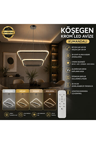 mubeda aydınlatma Köşegen Krom LED Avize - 4 Renk Aydınlatma Seçeneği (KUMAND...