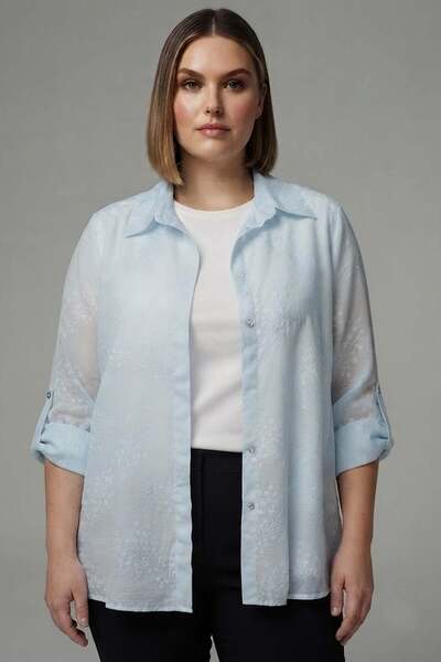 Metpoint Trend42Plus Large Size Self-Floral Patterned Blue Shirt Blouse Doubl...