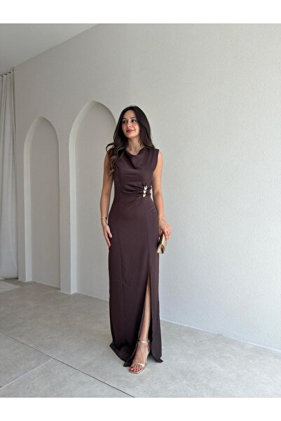 Mooi Butik Vi̇ora Maxi Dress 6325 - Bitter Brown
