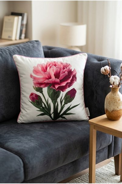 Rayda Home Pink Carnation Patterned Decorative Throw Pillow Cover with Piping Detail Modern Living Room Pillowcase
