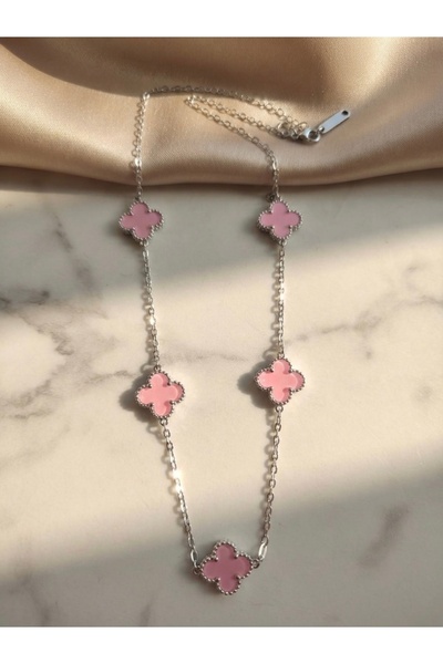 Meneva Aksesuar Pink Enamel 5-Leaf Clover Silver Color Chain Stainless Steel ...
